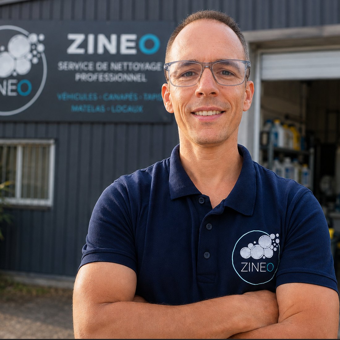 Le gérant de ZINEO devant son dépôt à Saint-Martin-Longueau